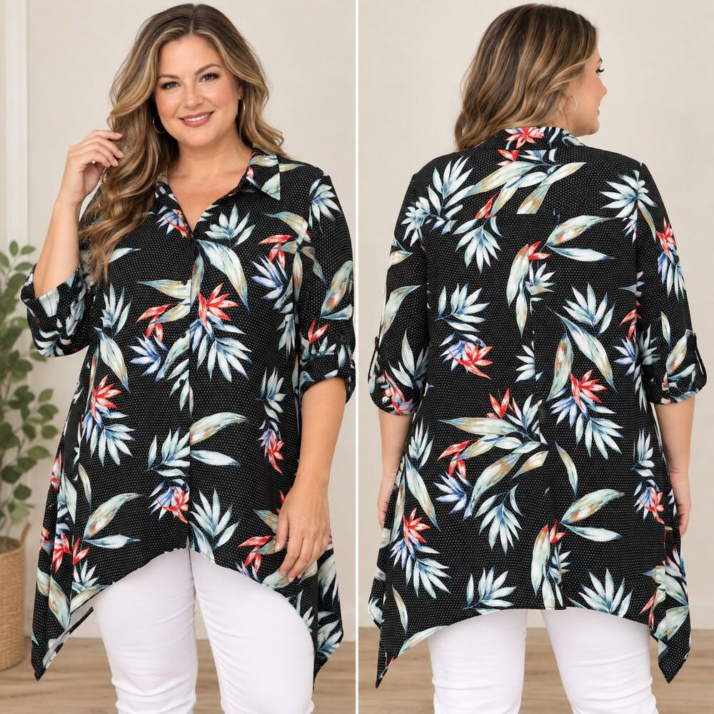 Zac & Rachel Woman Tunic Top 1X Tropical Bird Paradise Print Sharkbite Roll Tab